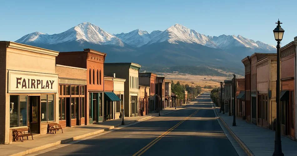 A quiet Fairplay street sits beneath distant Rocky Mountain peaks.