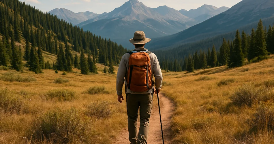 A hiker walks a mountain trail with expansive Rocky Mountain views.