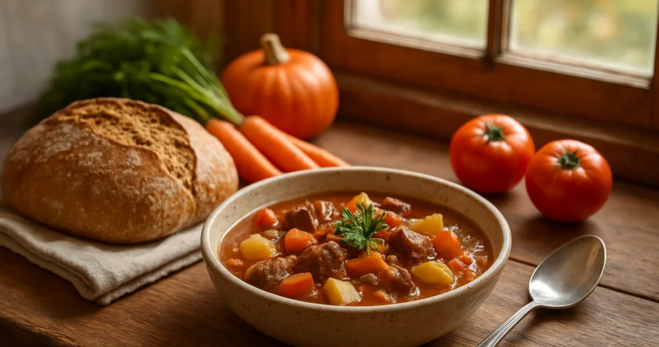 A hearty stew with bread and vegetables is served beside a sunlit window.